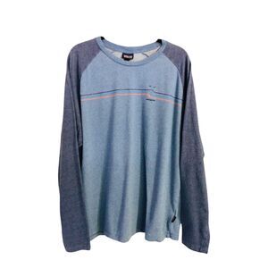 Patagonia Long Sleeve Raglan Tee in Light Blue and Navy with Thin Orange Stripe